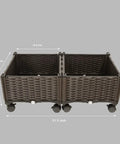 Front view of Two Piece Rolling Garden Bed Kit With Self Watering Design in brown plastic, showing dimensions and wheels.