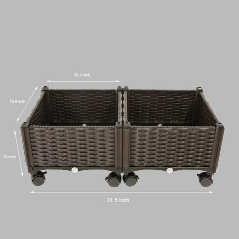 Front view of Two Piece Rolling Garden Bed Kit With Self Watering Design in brown plastic, showing dimensions and wheels.
