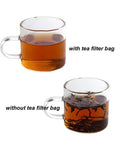 Glass cups of tea, one with clear liquid using 400 Count Disposable Tea Filter Bags With Drawstring For Loose Leaf Tea Unbleached Natural Paper