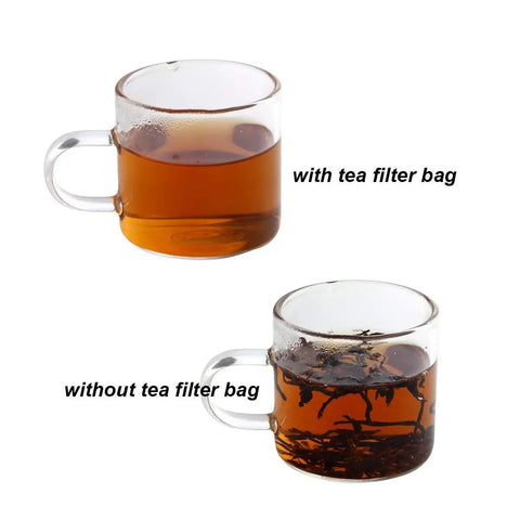 Glass cups of tea, one with clear liquid using 400 Count Disposable Tea Filter Bags With Drawstring For Loose Leaf Tea Unbleached Natural Paper