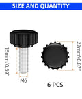 M6 X 15mm Threaded Knurled Thumb Screws With Round Plastic Clamping Knobs, Black Carbon Steel, 1.0mm Pitch, 6 Pack, size diagram