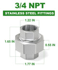 Two Pack 304 Stainless Steel Union Fittings Three Quarter Inch NPT Female Cast Pipe Connector dimensions