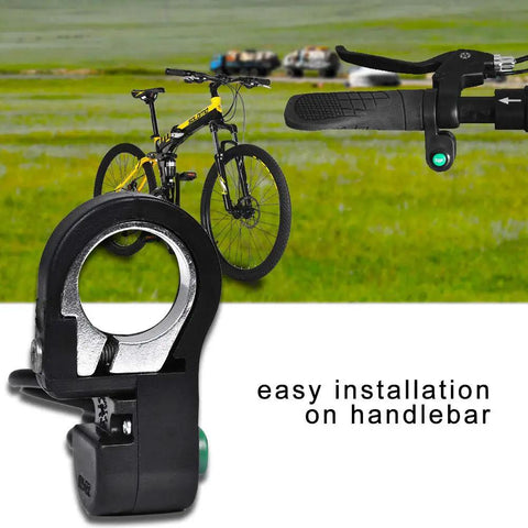 23mm Mini Ebike Horn Switch With 5 Ft Cable Horn Button installed on bike handlebar, showcasing easy installation