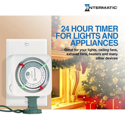 Versatile Indoor 24 Hour Mechanical Timer For Lamps And Appliances shown beside holiday decor with 15 amp plug