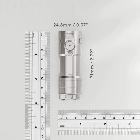 S3 Ti Titanium LED Flashlight 1800 Lumen Beast Mode Bright Handheld EDC Keychain Light USB C Rechargeable next to rulers