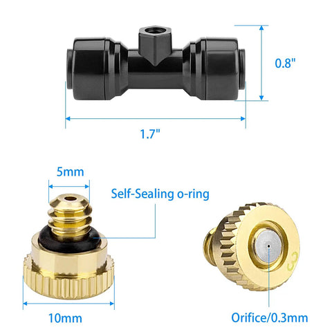 20 Pack Brass Misting Nozzles, 20 Pack Misting Nozzle Tees, And 2 End Plugs For Outdoor Patio Cooling System Bundle dimensions