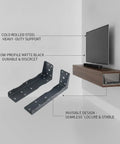 Hidden Steel Shelf Brackets For Wall Mounted Desks And Shelves With Matte Black Finish Concealed Support Hardware shown by TV stand