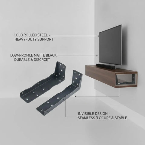 Hidden Steel Shelf Brackets For Wall Mounted Desks And Shelves With Matte Black Finish Concealed Support Hardware shown by TV stand