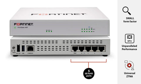 Top Shelf Network Security Appliance With Straight Up FortiGuard Enterprise Protection And FortiCare Premium Support delivering 5 RJ45 ports.
