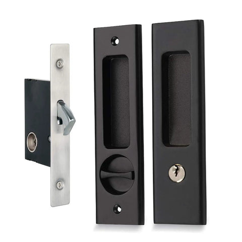 Privacy Pocket Door Lock With Key For Recessed Sliding Doors Mortise Style Hardware, matte black finish, parts shown separately