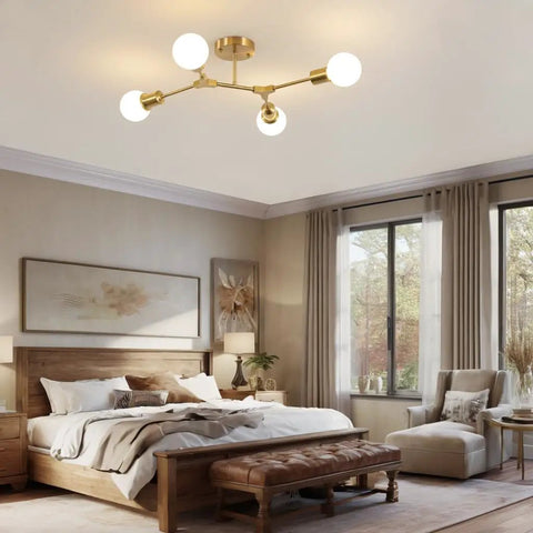 Modern bedroom with Black Sputnik Chandelier 12 Lights Modern Metal Semi Flush Mount Ceiling Light Fixture showcasing style and elegance.
