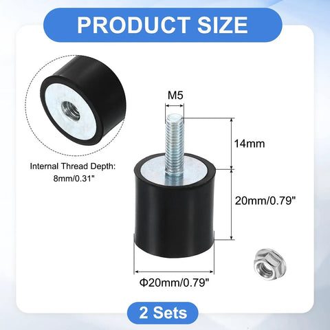 M5 Rubber Mounts 20x20mm Cylindrical Anti Vibration Isolator With Lock Nuts for Cars Generators Air Compressors Bobbin Mounts Durable Shock Absorber Dampener size diagram