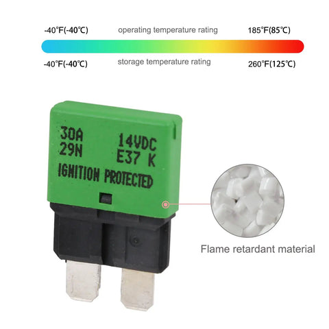 Auto Reset Atc Ato Low Profile Circuit Breaker Kit 12V Dc with flame retardant label and specifications for safe use.