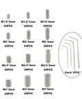 Metric Stainless Steel Internal Hex Drive Cup Point Set Screws Kit With M1.6 M2 M2.5 M3 Sizes 304 Grade Fasteners Assorted Thread Pitches 0.35 0.4 0.45 0.5mm For Precision Projects And Heavy Duty Builds, showing various screw sizes and hex wrenches.