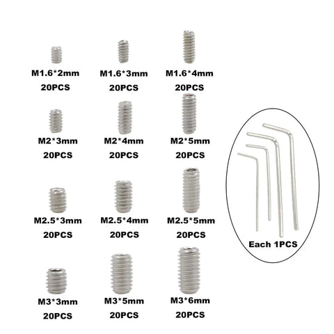 Metric Stainless Steel Internal Hex Drive Cup Point Set Screws Kit With M1.6 M2 M2.5 M3 Sizes 304 Grade Fasteners Assorted Thread Pitches 0.35 0.4 0.45 0.5mm For Precision Projects And Heavy Duty Builds, showing various screw sizes and hex wrenches.