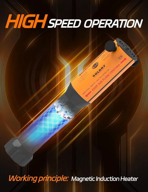 Solary induction heater with orange housing and blue glowing heating area, angled front view