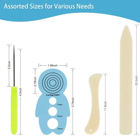 Image of awl, curling coach, bone folder, and paper folder from All In One 9 Piece Slotted Quilling Tool Set For Beginners To Pros