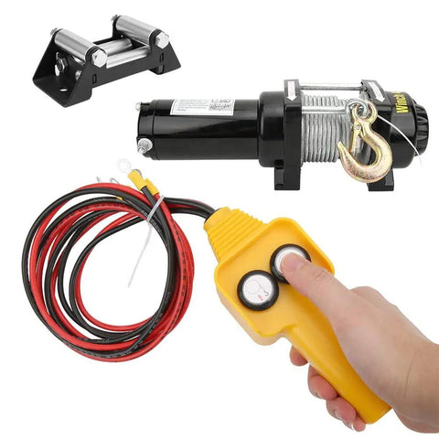 Super Heavy Duty Electric Winch Rated For 4500 Lbs With 12 Volt Power Setup featuring controller, wires, and hook, ideal for off road use.