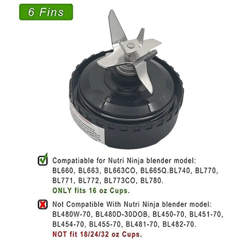 Six Fin Blender Extractor Blade Assembly Replacement for 16oz Cups with compatibility list for BL series models like BL660 and BL770.