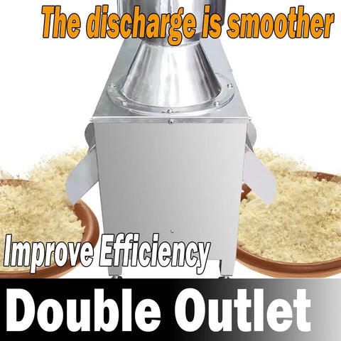 Industrial Grade Coconut Grinder And Root Veg Processor with double outlet for efficient discharge, high capacity grinding.