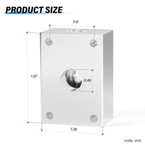 1/4 Inch Push To Connect Pneumatic Fittings Manifold Block Aluminum Splitter front view with measurements for PU PA PE PVC tubing