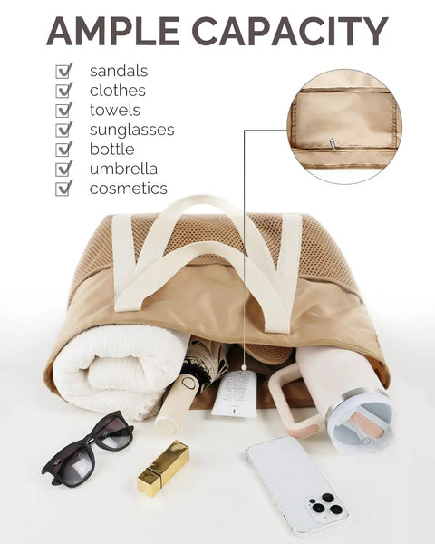 Mesh Beach Bag With Dry Wet Separation, Sandproof Water Resistant Tote with accessories like towel, sunglasses, cosmetics displayed