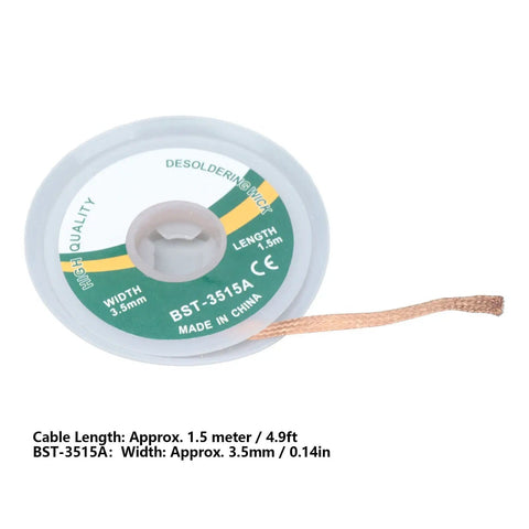 Pro Grade Alloy Copper Desoldering Wick Solder Removal Braid 1.5M Length No Maintenance Low Deposit High Efficiency Solder Wick For Electronics Circuit Boards And PCBs 3.5mm Wide spool with exposed braid