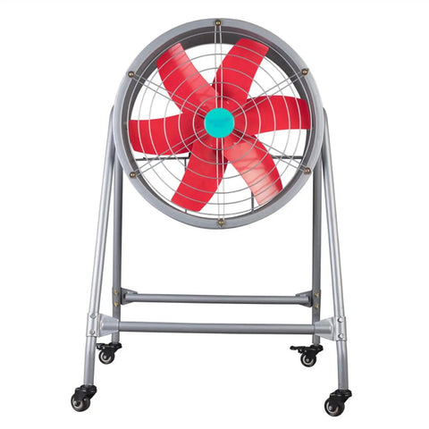 Built Tough 20 Inch Floor Ventilation Fan With Heavy Duty Exhaust Capability And Commercial Grade Rolling Stand front view.