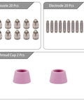 Pro Grade Plasma Cutter Consumables Kit 22 Piece includes 10 tips, 10 electrodes, 2 purple shield cups for SG-55 AG-60 WSD-60 torch