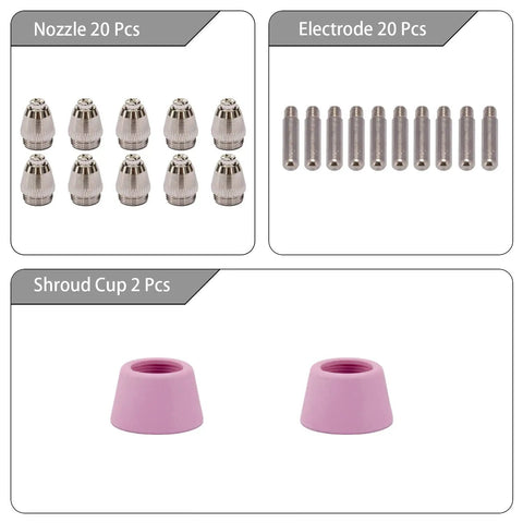 Pro Grade Plasma Cutter Consumables Kit 22 Piece includes 10 tips, 10 electrodes, 2 purple shield cups for SG-55 AG-60 WSD-60 torch