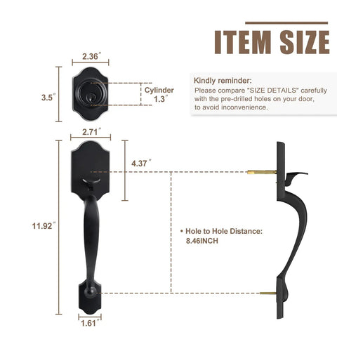 Dimensions of Beefy Matte Black Double Door Lock Set With Deadbolt And Dummy Front Handle Dope Door Hardware, Zinc Alloy, Easy Install.