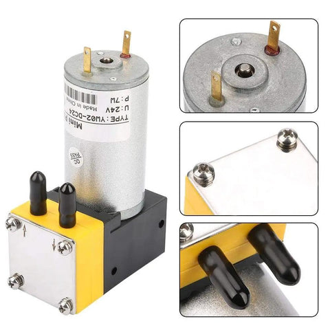 Slick Mini Diaphragm Air Compressor 24V Vacuum Pump with hydraulic drive, showing motor, connectors, and valves.