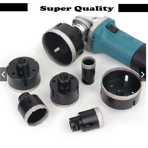 Dry diamond core drill bit set with vacuum-brazed rims for tile and stone; 3/16 in (5 mm) size, 5/8-11 thread, shown with teal drill.