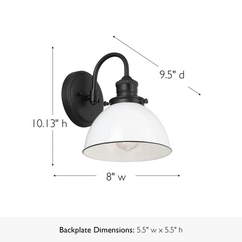 Savannah Rustic Farmhouse Wall Light Dimmable Matte Black Finish With White Metal Shade 8 In X 9.5 In X 10.13 In Dope Vintage Vibe