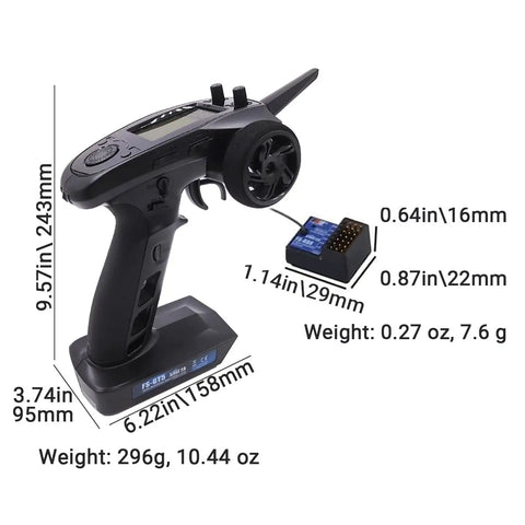 6 Channel RC Transmitter With FS BS6 Gyro Receiver 2.4GHz AFHDS2A Sky Radio Control System dimensions and weights shown
