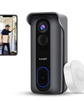 Wireless Doorbell Camera With Chime 2K QHD Video Two Way Audio Motion Detection With PIR Infrared Night Vision, black unit and chime