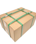 Heavy Duty Green Polyester Strapping Roll For Solid Pallet Securing 5/8 Inch Wide By 4000 Feet Long Yields 1400 Lbs Break Strength Plus Uv Resistance And Lightweight Core Gear Which Handles Rough Loading Jobs Like Butter securing a cardboard box.