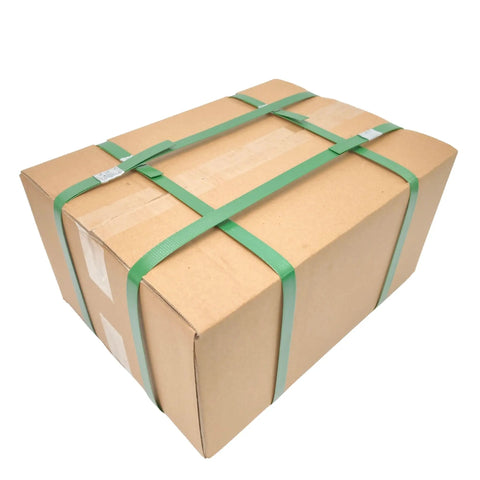 Heavy Duty Green Polyester Strapping Roll For Solid Pallet Securing 5/8 Inch Wide By 4000 Feet Long Yields 1400 Lbs Break Strength Plus Uv Resistance And Lightweight Core Gear Which Handles Rough Loading Jobs Like Butter securing a cardboard box.