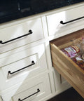 Black Cabinet Bar Pulls 6.3 Inch Center 10 Pack Classic Modern Matte Drawer Handles on white kitchen drawers.