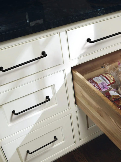 Black Cabinet Bar Pulls 6.3 Inch Center 10 Pack Classic Modern Matte Drawer Handles on white kitchen drawers.
