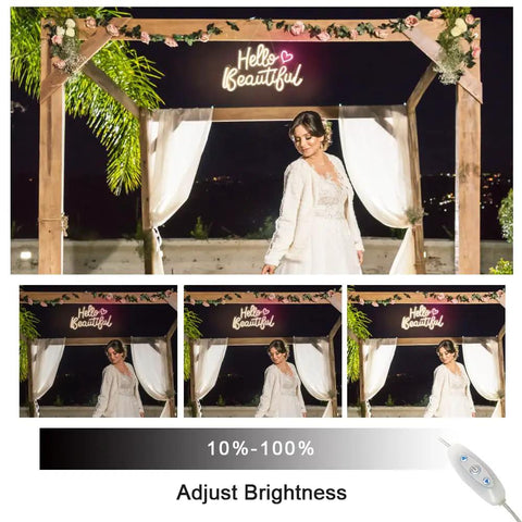 Hello Beautiful Neon Sign For Girl's Room Wall Decor With Dimmer Switch Romantic Neon Light For Weddings Valentine's Day Parties Gifts 12V Warm White With Power Adapter Included displayed at an outdoor wedding setup