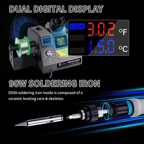 Dual Digital Display Soldering Station Kit With 90W Iron 302F To 842F Temperature Range Fahrenheit And Celsius Readouts