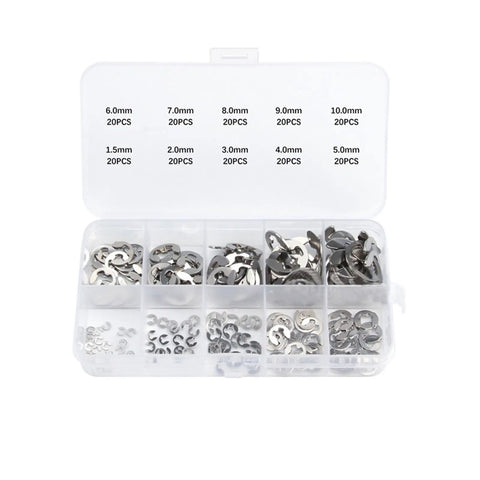 200 Pcs E Clips C Circlip Washer Kit Stainless Steel Shaft Bearing Retaining Rings Assorted 1.5 To 10 Mm External C Type Circlips