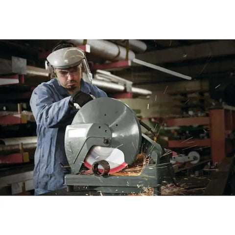 Worker using 14 Inch Segmented Rim Diamond Edge Cutoff Wheel For Metal For Cutoff Saws Dry Or Wet Use 4300 RPM 1 Inch Arbor