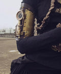 Badass Steampunk Arm Sleeve Cosplay Anime Accessory Featuring Mechanical Compass Prop Leather Gear Designed For Women Role Playing Costume, brass gear detail.