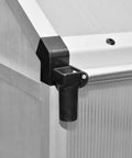 Corner detail of Reinforced Aluminum Greenhouse Outdoor 95.3 By 74.8 By 76.8 Inches with polycarbonate panels and gutter system.