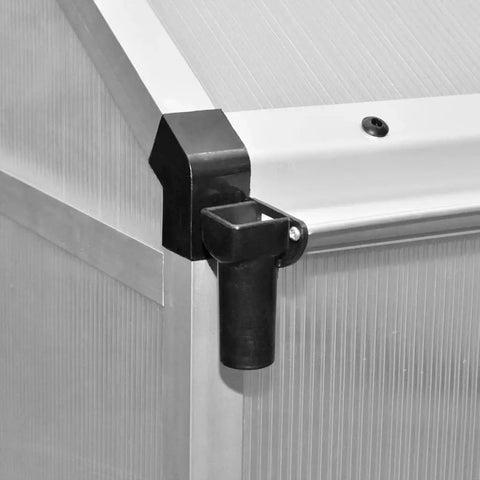 Corner detail of Reinforced Aluminum Greenhouse Outdoor 95.3 By 74.8 By 76.8 Inches with polycarbonate panels and gutter system.