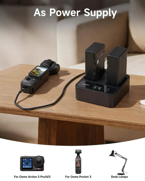 DJI WB37 Battery Charging Hub 72W USB C Fast Charger dual-channel with two batteries and remote controller on table