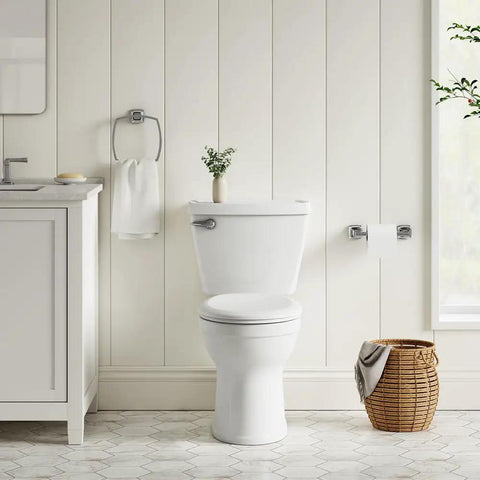 Bathroom with Champion Round Toilet Seat Soft Close Linen With Quiet Close Technology installed, featuring chrome hinges.