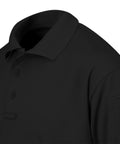 Mens Short Sleeve Uniform Polo Shirt In Black Built For The Daily Grind With Hella Fast Moisture Wicking To Keep You Chill And Fade Proof Pique Polyester That Holds Its Shape Plus A Smart Casual Cut Done Right For Any Working Crew Out Here, showcasing the collar and buttons.